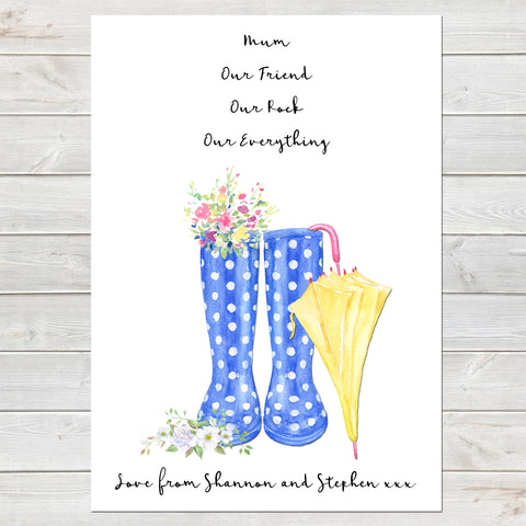 Wellington Boot Mothers Day Print, Personalised Rain Boot Wall Art Gift