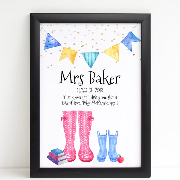 Best Teacher Wellington Print, Personalised Wall Art Gift