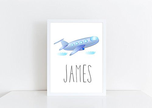 Blue Aeroplane Personalised Name Poster White Background, Nursery / Kids Bedroom Print