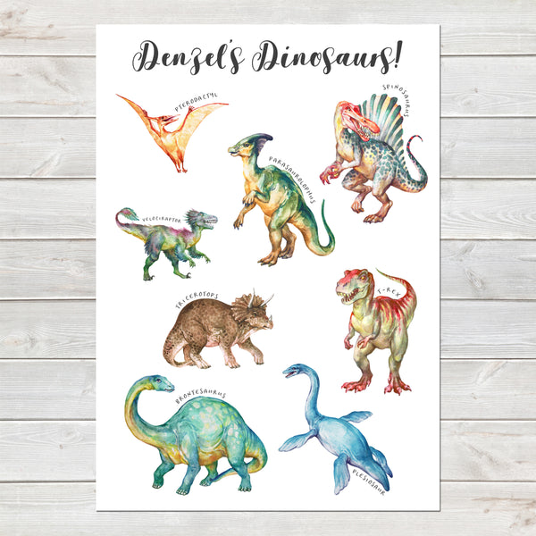 Dinosaur Print for Kids Bedroom, Personalised Poster Colourful Dinos
