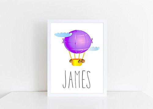 Hot Air Balloon Purple Personalised Name Poster White Background, Nursery / Kids Bedroom Print