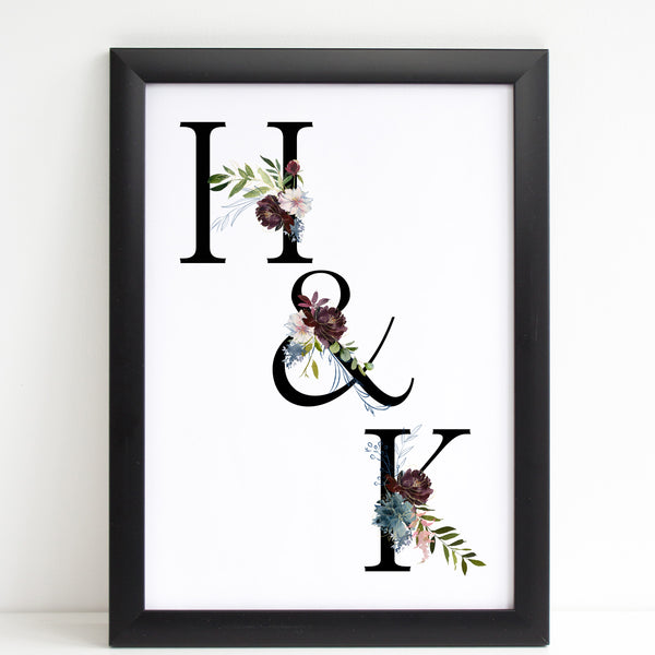 Floral Initials, Anniversary Couples Classy Print Personalised Wall Art Gift