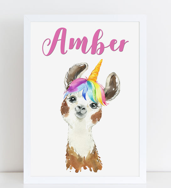 Funny Unicorn Llama Print, Cute Personalised Animal Print for Kids