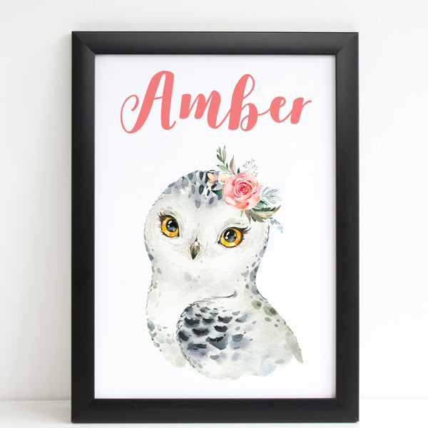 Snowy Owl with Flowers Print, Cute Personalised Animal Print for Kids