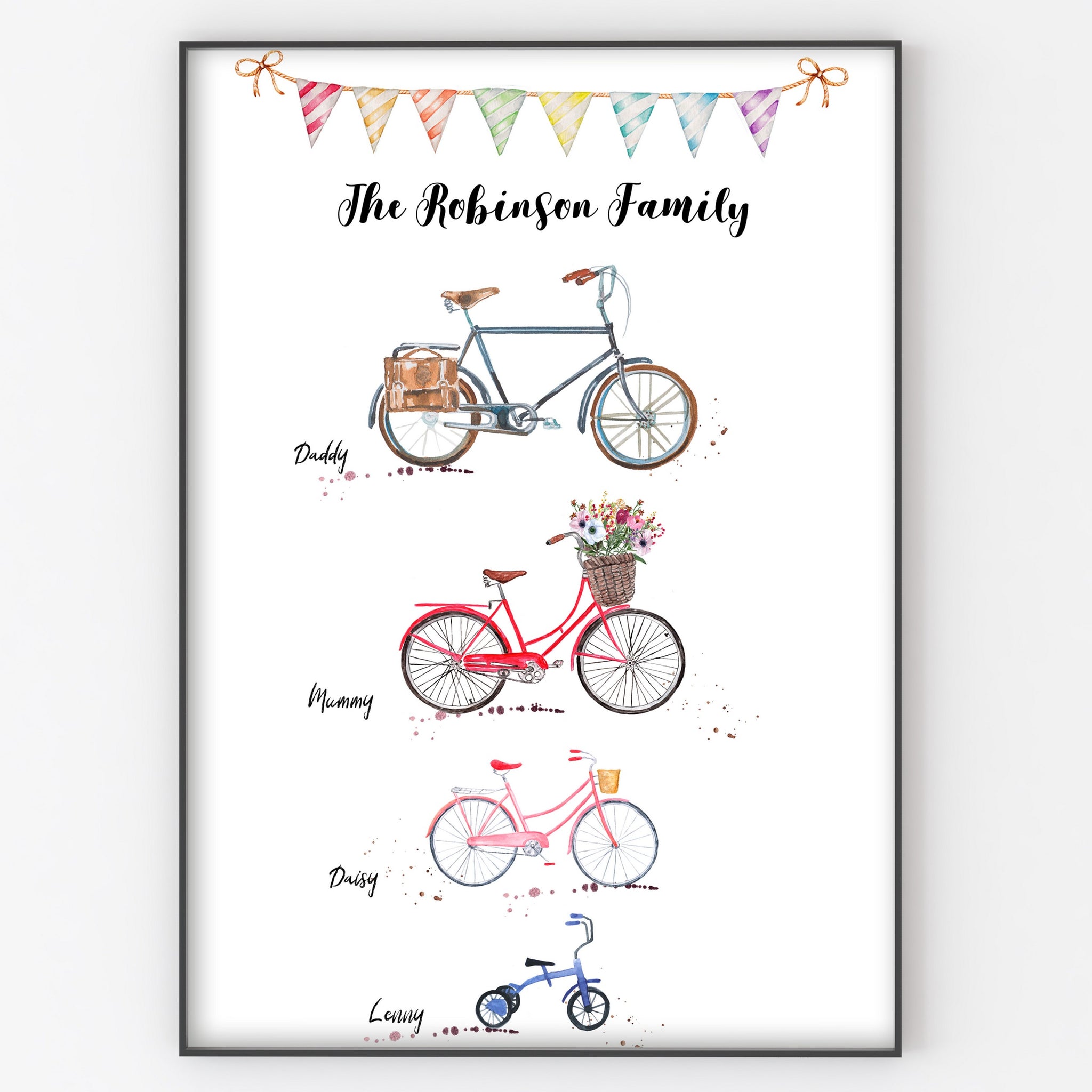 Bicycle Family Print, Personalised Wall Art Gift for Home