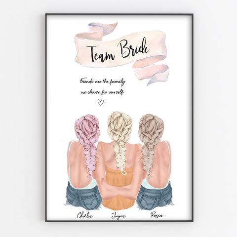 Bridal Party, Three Friends / Sisters / Hugging Print, Personalised Portrait Boho Style Wedding Gift