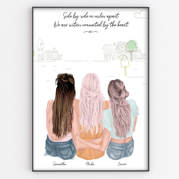 Three Best Friends / Sisters / Hugging Print, Personalised Portrait Boho Style Gift