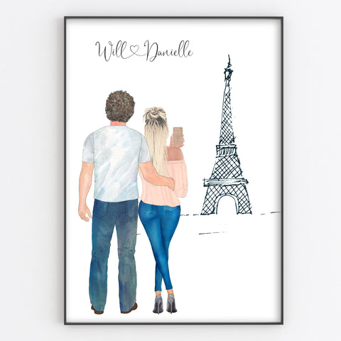 Romantic Couple Selfie Print, Paris / Neighbourhood Scene Personalised Portrait Style Anniversary Gift
