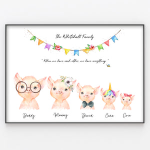 Cute Pig Family Print, Personalised Pigs and Piglets Wall Art Gift