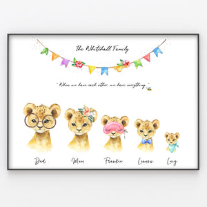 Cute Lion Family Print, Personalised Lion Cubs Wall Art Gift