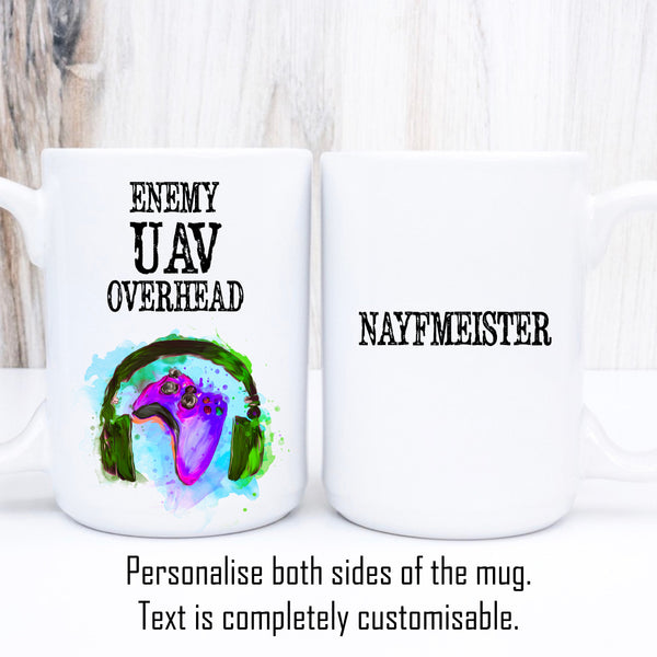 Gaming Mug, Enemy UAV Overhead, Personalised Gamertag Cup with Headset for Gamers, 11oz or 15oz