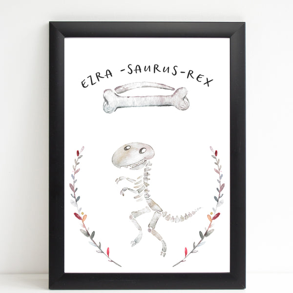 T-Rex Skeleton Name Print, Personalised Bedroom Print for Kids, Fun Gift