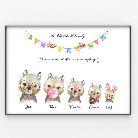 Cute Wombat Family Print, Personalised Animal Wall Art Gift