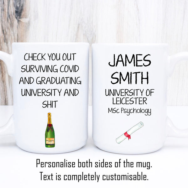 Funny Graduation Mug, Surviving Covid University Personalised Design, 11oz or 15oz