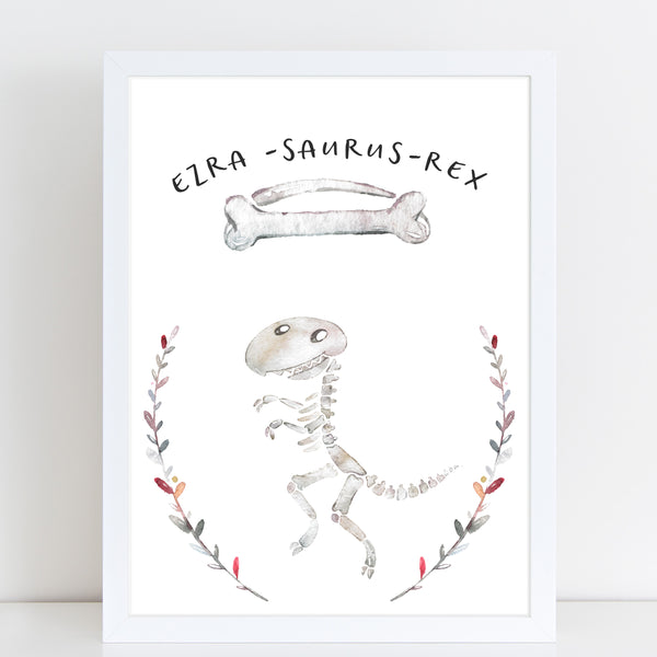 T-Rex Skeleton Name Print, Personalised Bedroom Print for Kids, Fun Gift