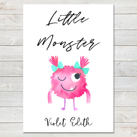 Little Monster, Nursery Gift, Fun Bedroom Print Girls Personalised