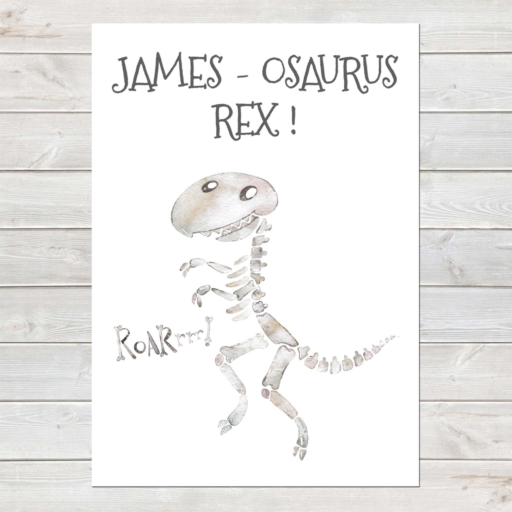Tyrannosaurus Rex Skeleton Name Print, Personalised Bedroom Print for Kids, Fun Gift