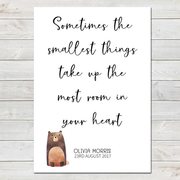 Smallest Things Quote with Animal, Baby Bedroom Print/Personalised Nursery Decor