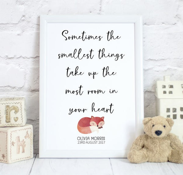 Smallest Things Quote with Animal, Baby Bedroom Print/Personalised Nursery Decor