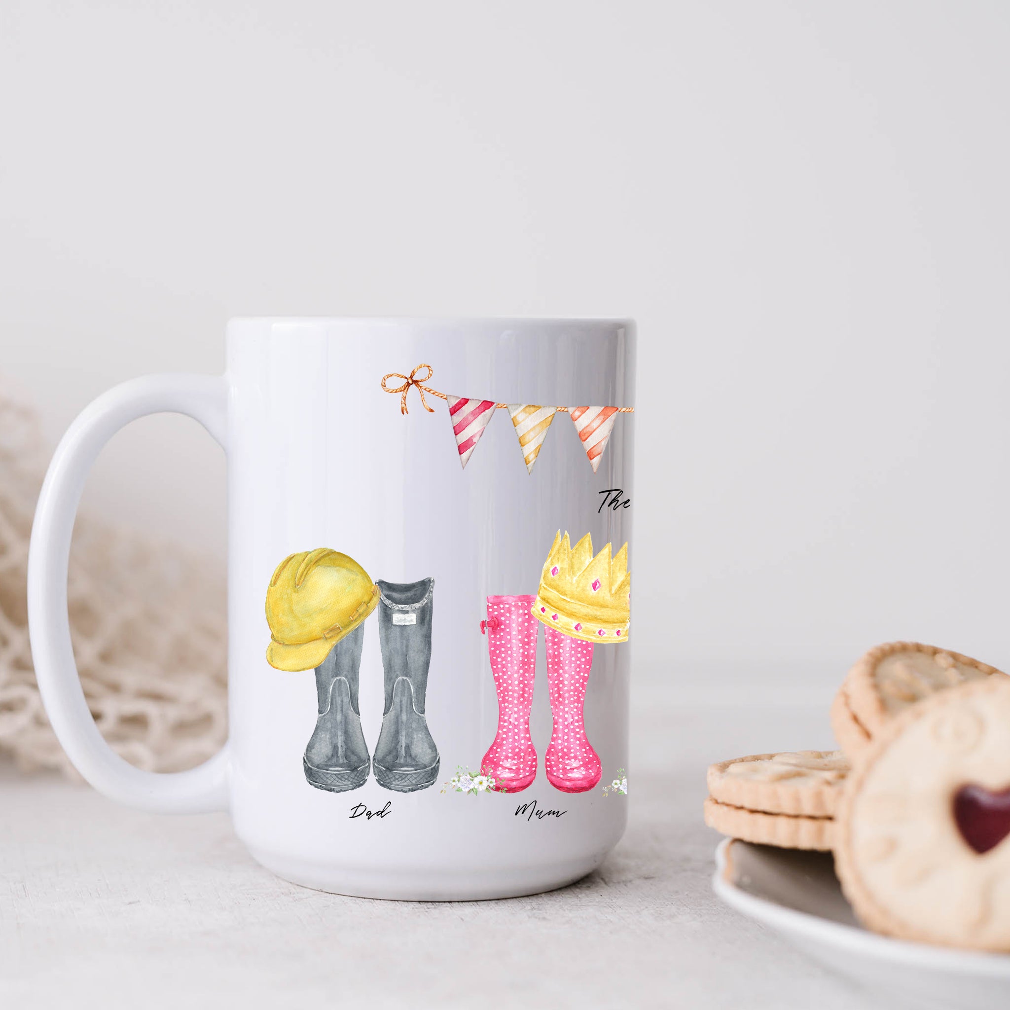 Family Wellington Boot Mug, Personalised Watercolour Rain Boot Cup Gift 11oz or 15oz