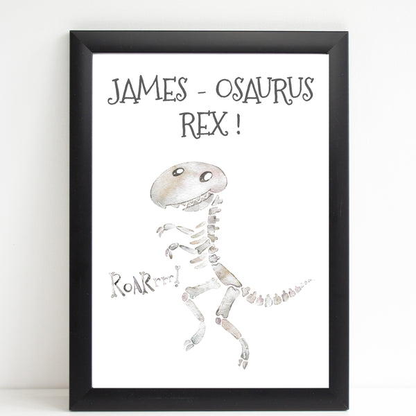 Tyrannosaurus Rex Skeleton Name Print, Personalised Bedroom Print for Kids, Fun Gift