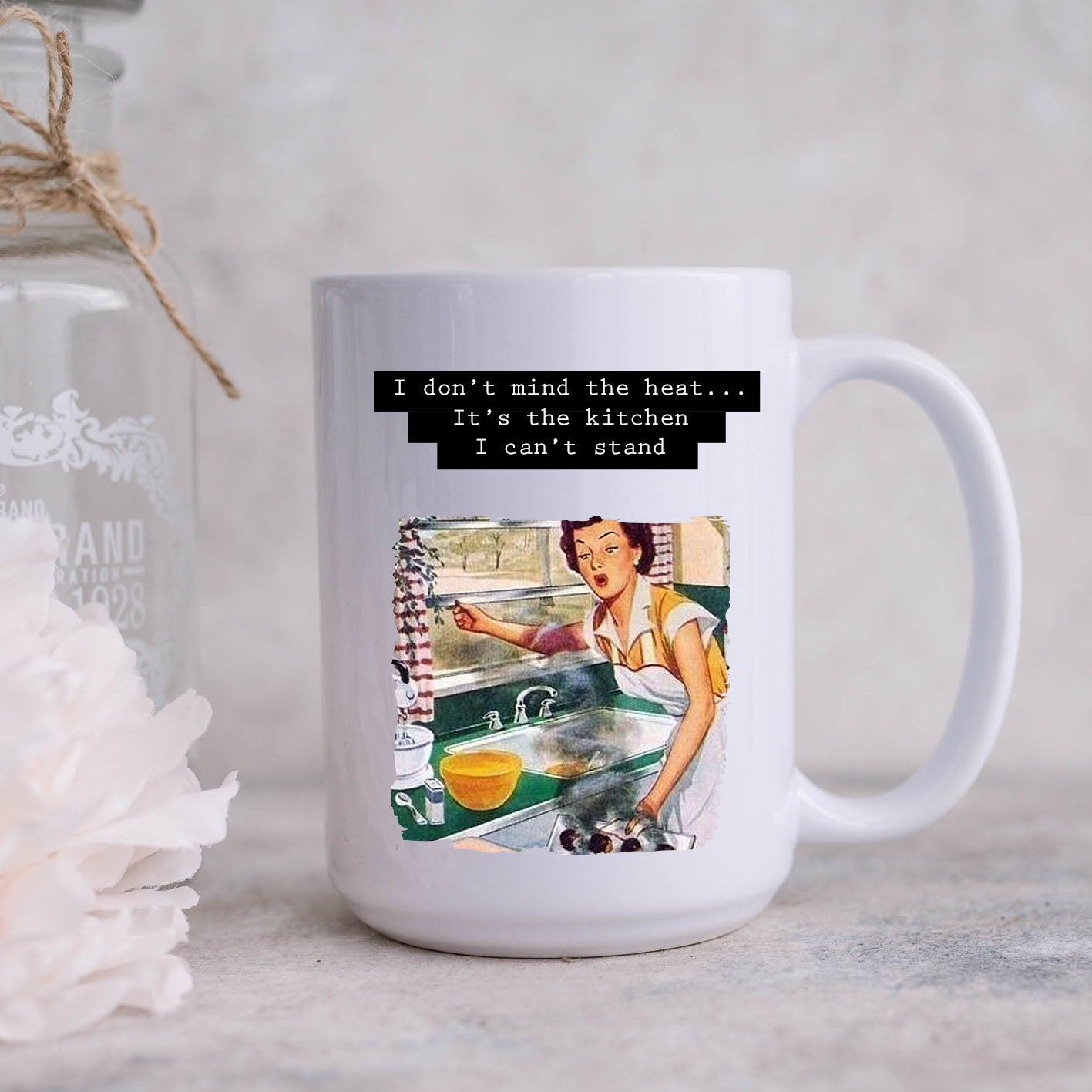 Don't Mind The Heat, it's the Kitchen, Funny Vintage-Style Personalised Mug, Gift for Her, 11oz or 15oz