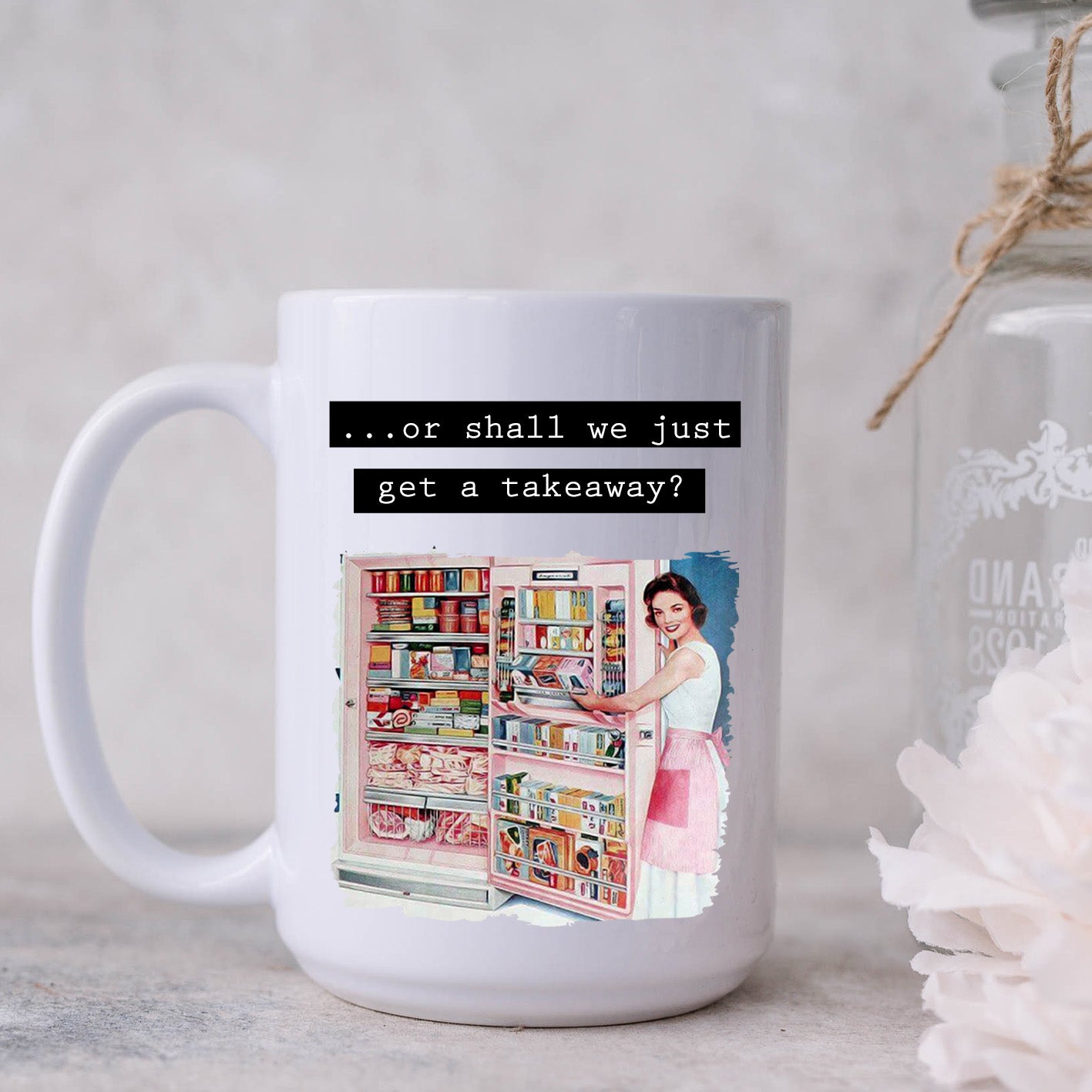 Shall We Get a Takeaway, Funny Vintage-Style Personalised Mug, Gift for Her, 11oz or 15oz
