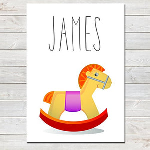 Rocking Horse Personalised Name Poster White Background, Nursery / Kids Bedroom Print