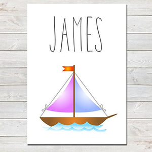 Sail Boat Personalised Name Poster White Background, Nursery / Kids Bedroom Print