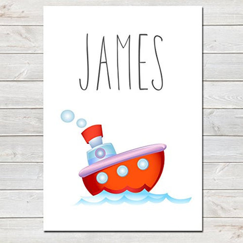 Red Boat Personalised Name Poster White Background, Nursery / Kids Bedroom Print