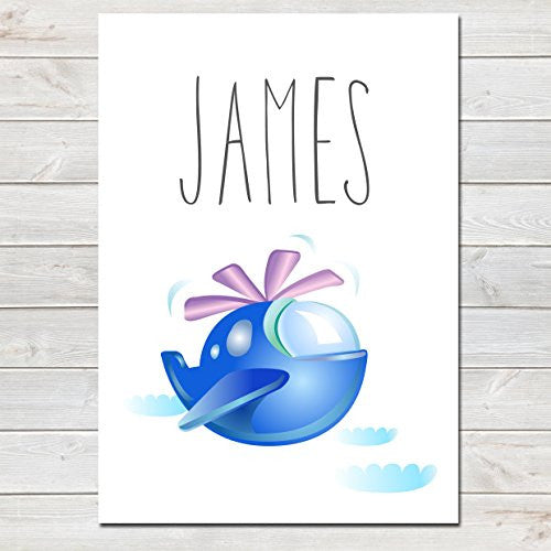 Blue Helicopter Personalised Name Poster White Background, Nursery / Kids Bedroom Print