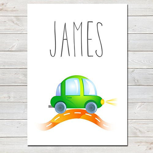 Green Car Personalised Name Poster White Background, Nursery / Kids Bedroom Print