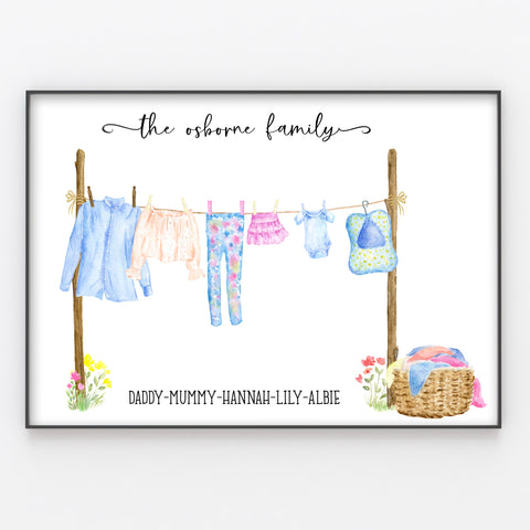 Washing Line Family Print, Personalised Wall Art Gift for New Home