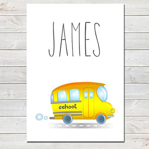 Yellow School Bus Personalised Name Poster White Background, Nursery / Kids Bedroom Print