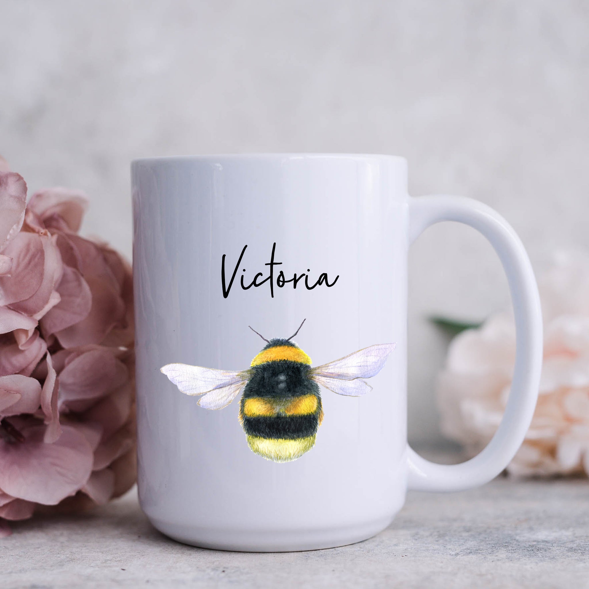 Bumblebee Mug with Name, Watercolour Design, Personalised Front and Back 11oz or 15oz