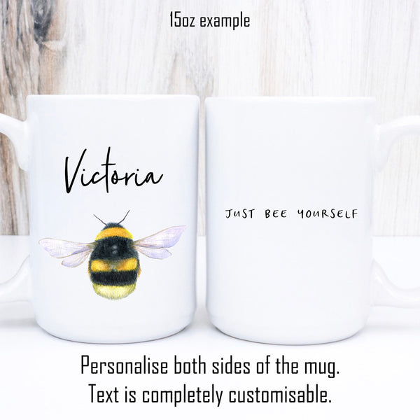 Bumblebee Mug with Name, Watercolour Design, Personalised Front and Back 11oz or 15oz
