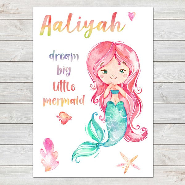 Mermaid Dream Big Personalised Watercolour Print/Kids Room Decor