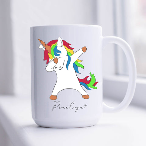 Unicorn Dabbing Funny Mug with Name, Personalised Front and Back 11oz or 15oz