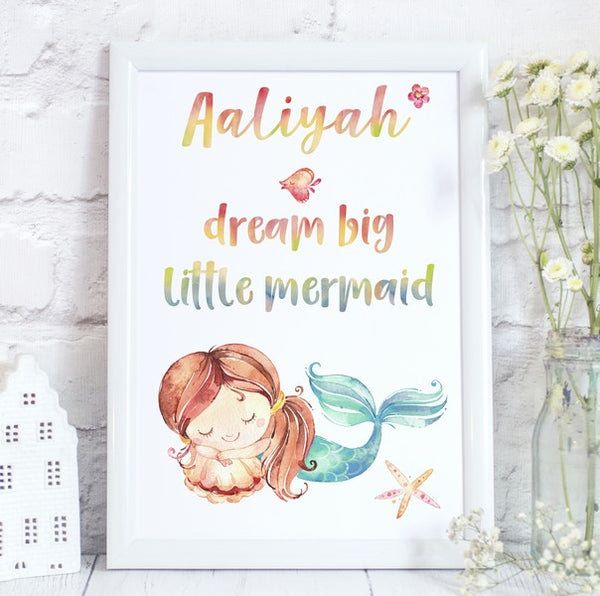 Mermaid Dream Big Personalised Watercolour Print/Kids Room Decor