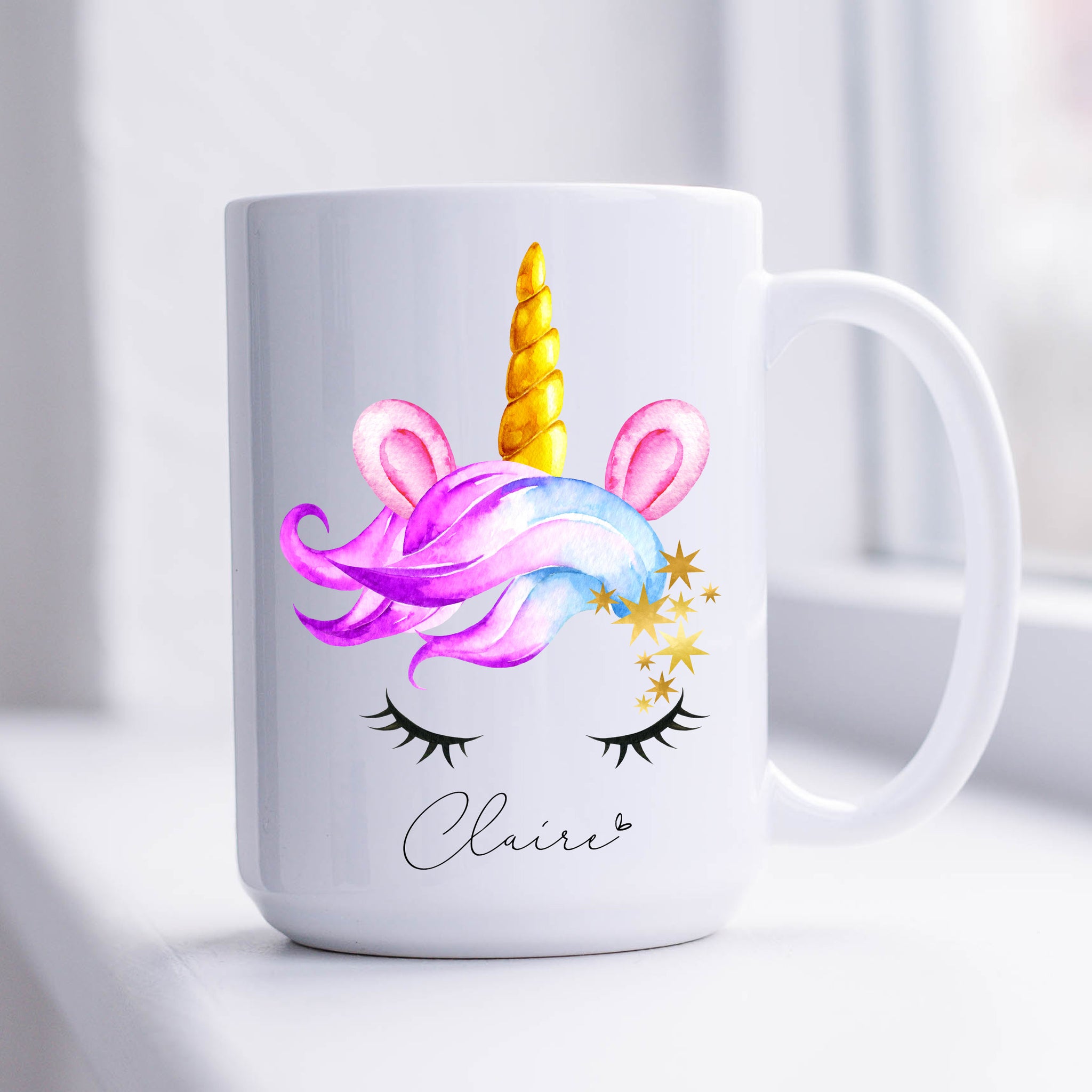 Pretty Unicorn with Lashes Mug with Name, Personalised Front and Back 11oz or 15oz