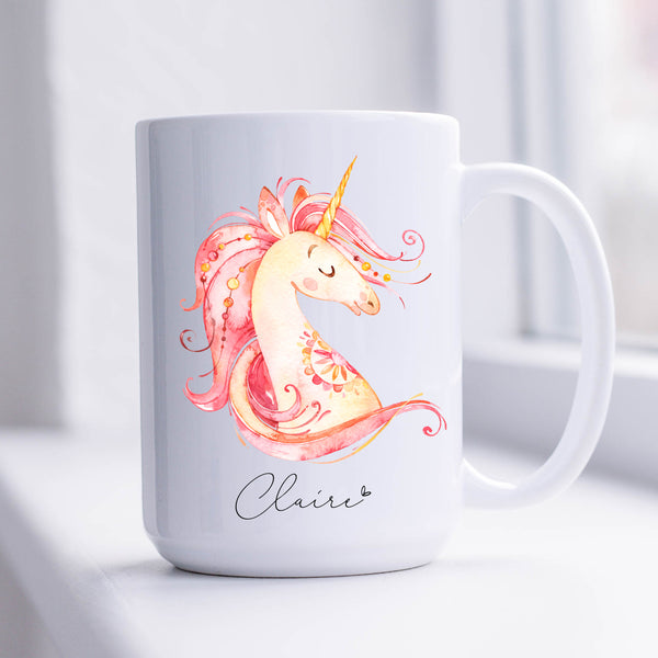 Pretty Unicorn Mug with Name, Personalised Front and Back 11oz or 15oz