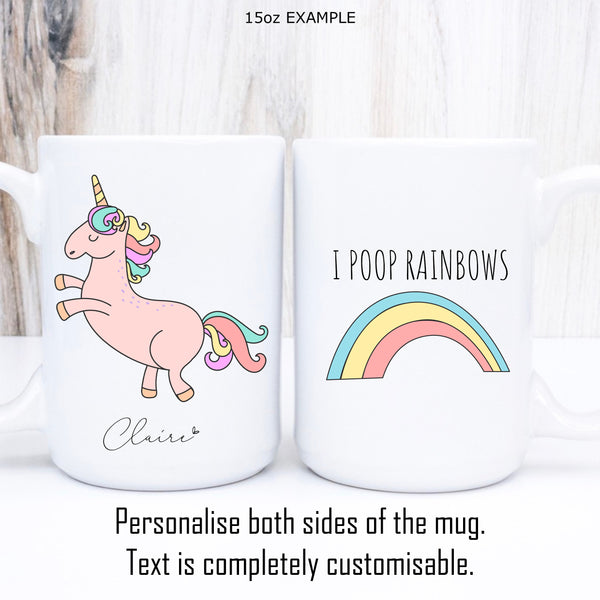 Pink Unicorn Mug with Name and Rainbow, Personalised Front and Back 11oz or 15oz