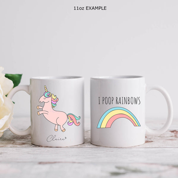 Pink Unicorn Mug with Name and Rainbow, Personalised Front and Back 11oz or 15oz