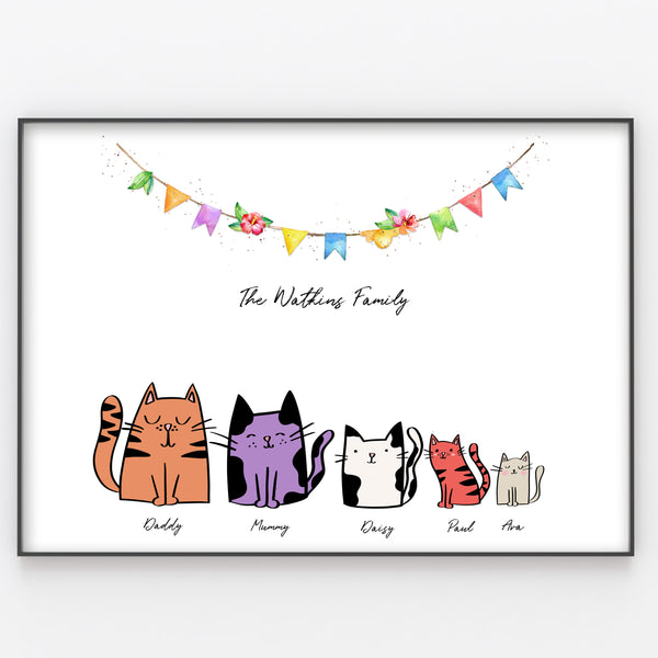 Cartoon Cats Family Print Custom Quote, Personalised Cats Wall Art Gift