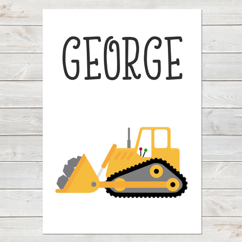 Bulldozer, Personalised Construction Print, Kids Name Bedroom Decor