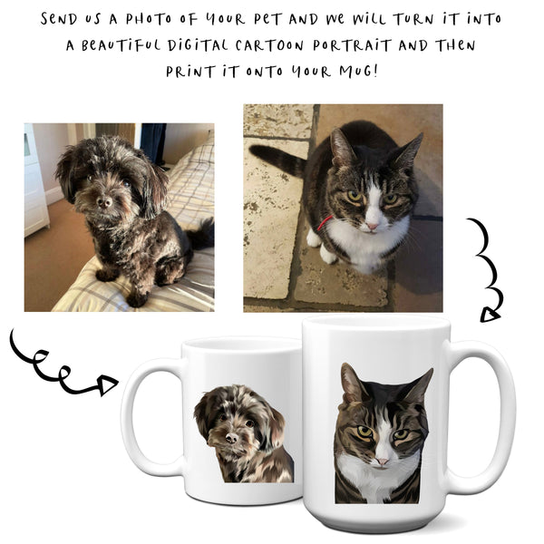 Pet Portrait Mug, Custom Cartoon Illustration of Dog, Cat, Horse, Personalised Photo Gift