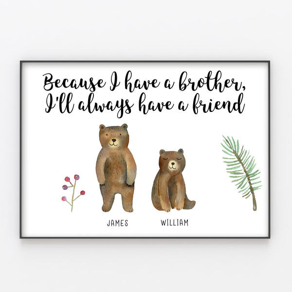 Bear Siblings Print,  Custom Quote, Personalised Wall Art Gift