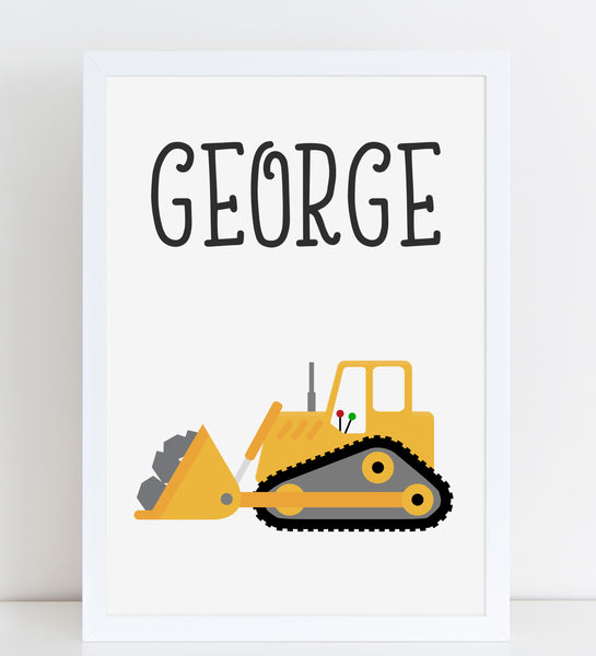 Bulldozer, Personalised Construction Print, Kids Name Bedroom Decor