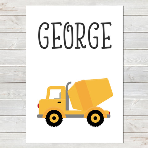 Cement Truck, Personalised Construction Print, Kids Name Bedroom Decor