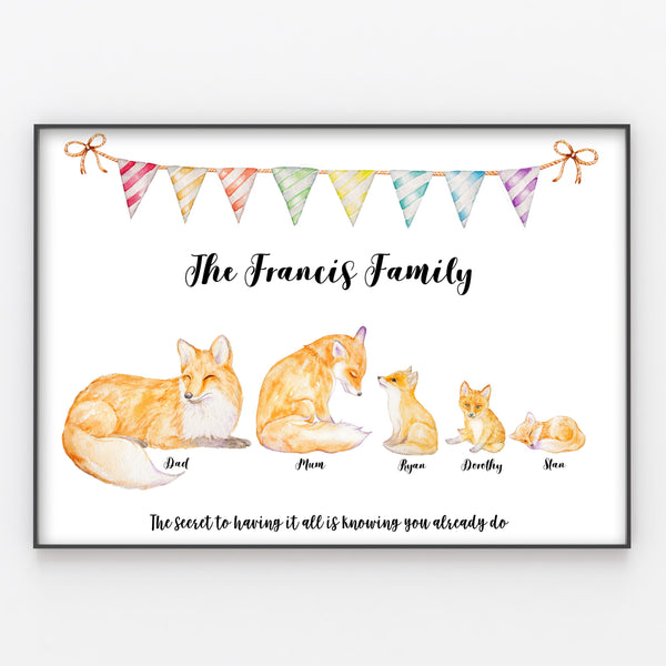 Fox Family Print, Wall Art Gift for Home Personalised Foxes